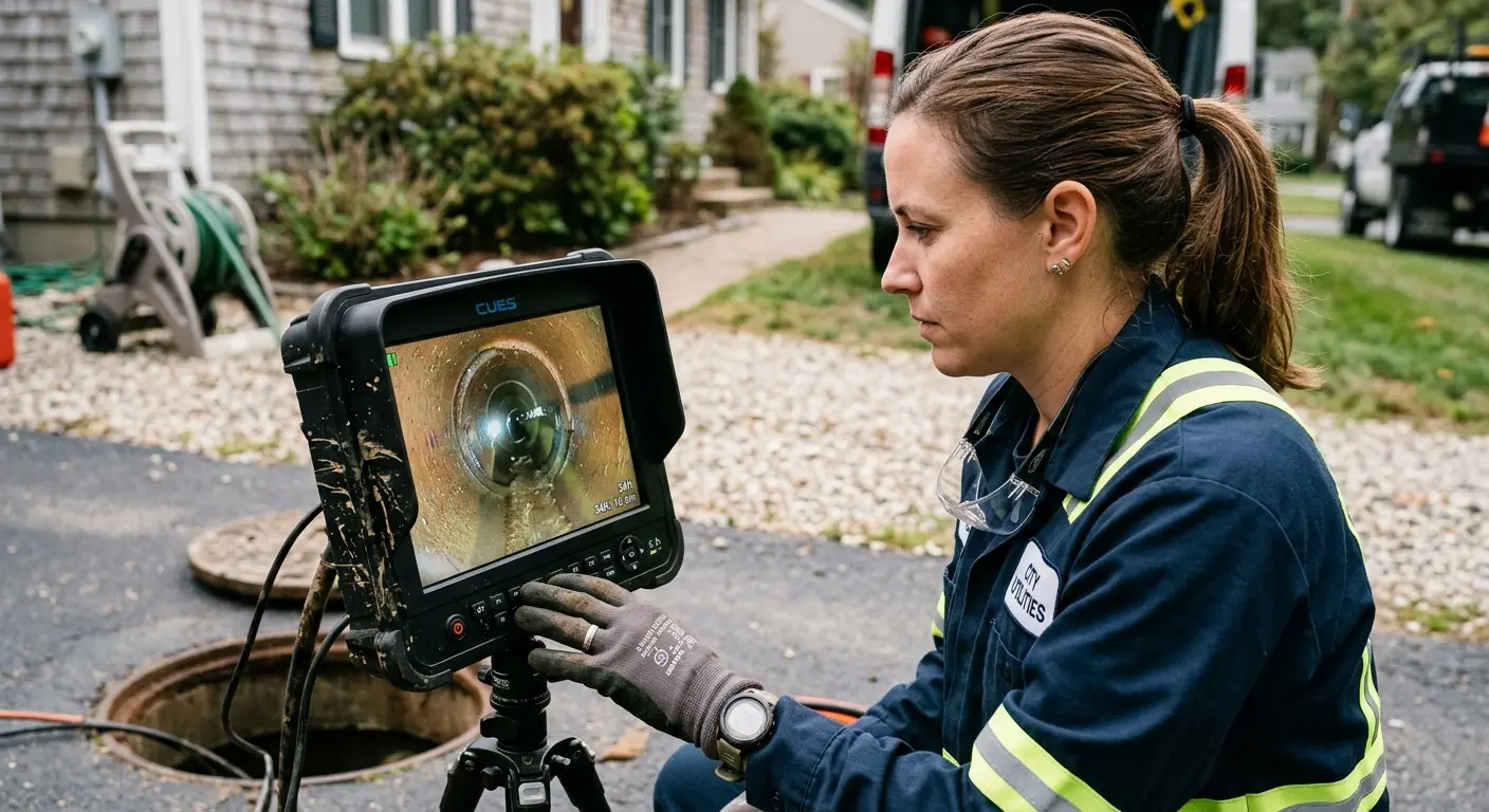 Technician reviewing sewer camera inspection footage in McAllen