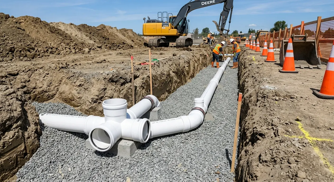 New PVC sewer pipe installation in open trench for Sewer Backup in McAllen