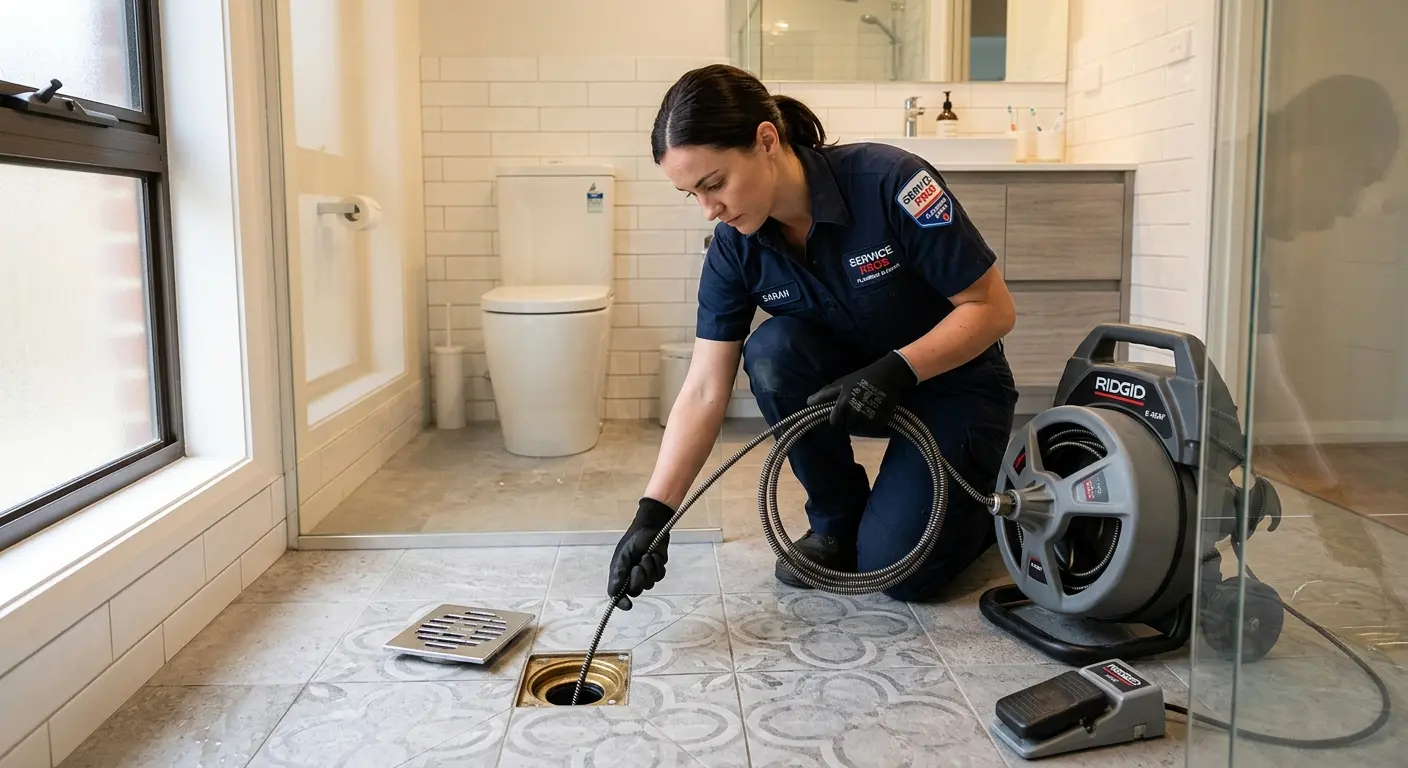 Technician clearing a bathroom floor drain for Drain Cleaning in McAllen